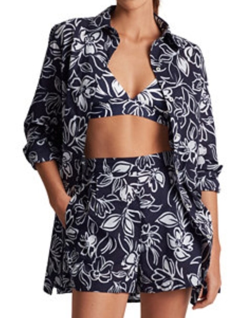 New Lauren Ralph Lauren Navy Blue Floral Tie-Waist Cover-Up  Shorts